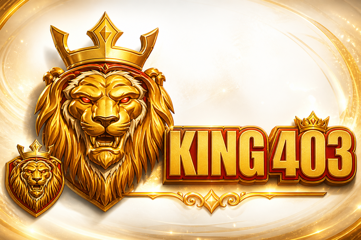 KING403: singa emas bermahkota, badge mini, teks KING 403.